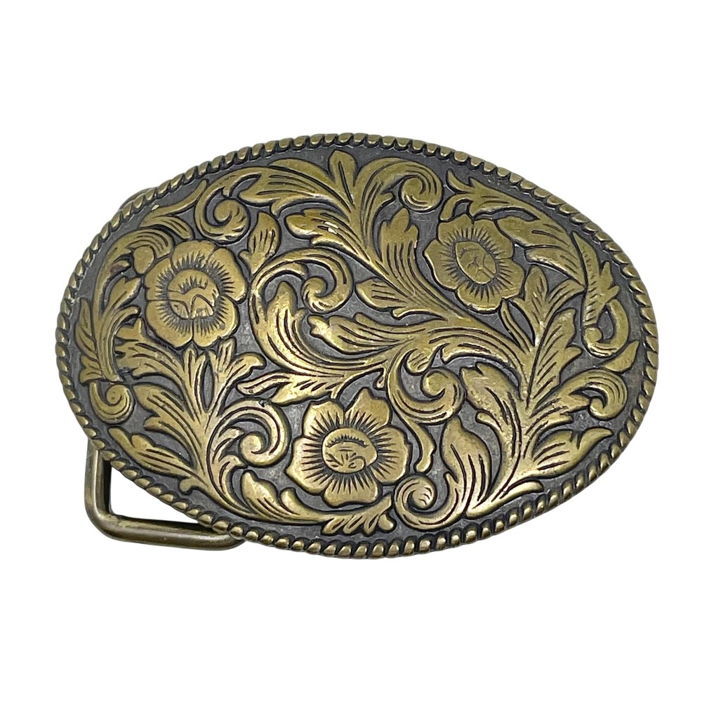 Vintage Antique Brass Belt Buckle Oval Floral Scroll Western Country Ranch Rodeo